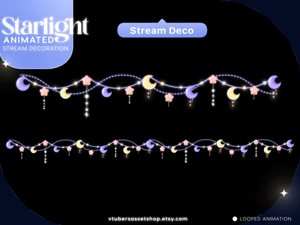 Christmas Animated Moon & Star String Lights Decoration : Kawaii Twitch Overlay (Digital Download)