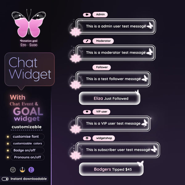 Lotus Butterfly Chat Widget | Twitch StreamElements Animated Glass Chat Goal Overlay | VTuber Streamer