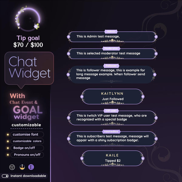 Purple Floral Chat Widget | Twitch StreamElements Animated Nature Chat Goal Overlay | VTuber Streamer