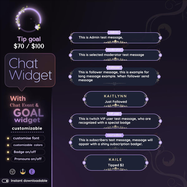 Purple Floral Chat Widget | Twitch StreamElements Animated Nature Chat Goal Overlay | VTuber Streamer