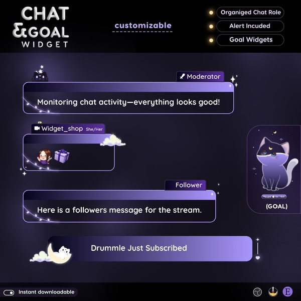 Dark Lunar Cat Chat Widget | Twitch StreamElements Animated Chat Goal Overlay | Kawaii VTuber Streamer
