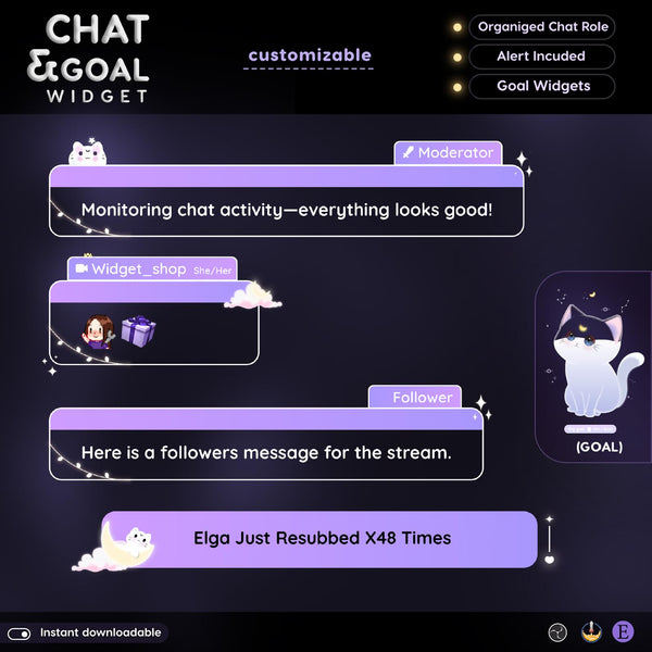Lunar Cat Chat Widget | Twitch StreamElements Purple Animated Cosmic Overlay | Kawaii VTuber Streamer