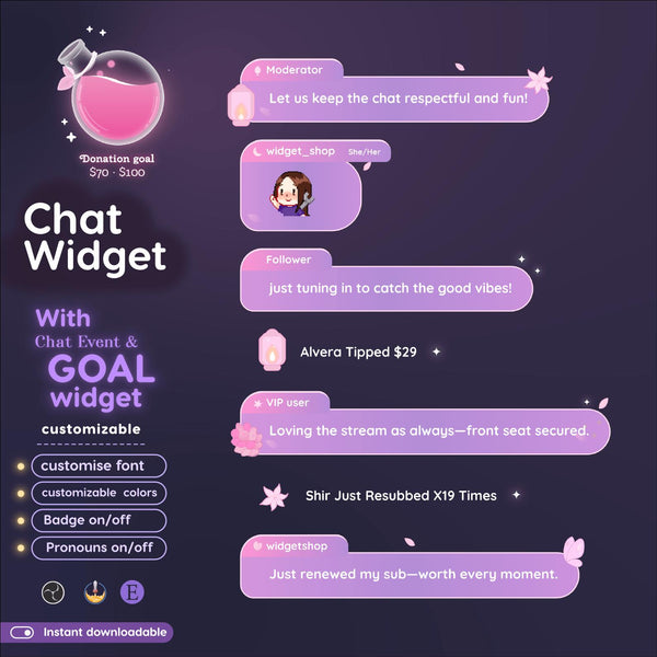 Floral Pastel Chat Widget | Twitch StreamElements Animated Chat Goal Overlay | Nature VTuber Streamer