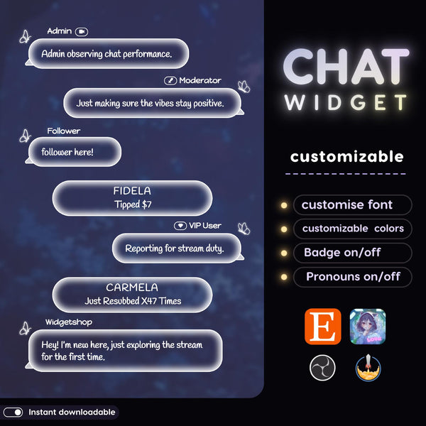 Kawaii Butterfly Chat Widget | Twitch StreamElements Pastel Animated Overlay | Cute VTuber Streamer