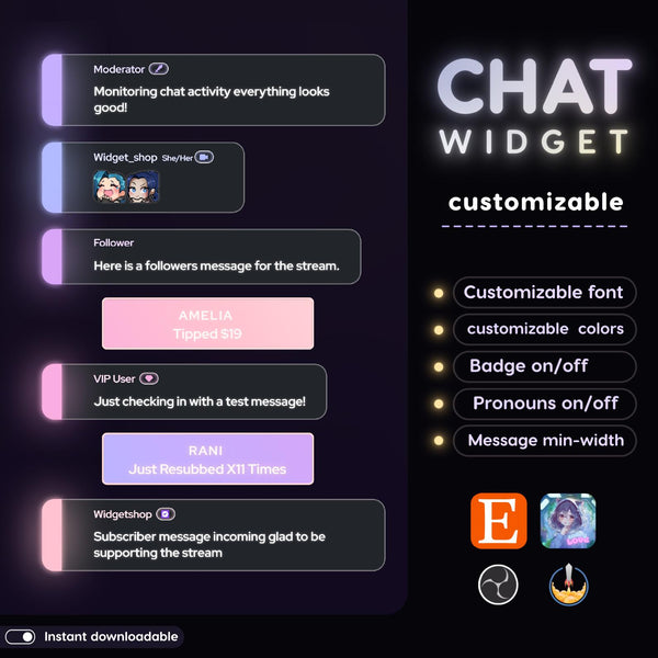Pastel Neon Glow Chat Widget | Twitch OBS StreamElements Animated Overlay | Kawaii VTuber Streamer