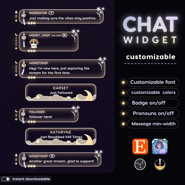 Moon Star Chat Widget | Twitch StreamElements Glassy Animated Overlay | Celestial VTuber Streamer