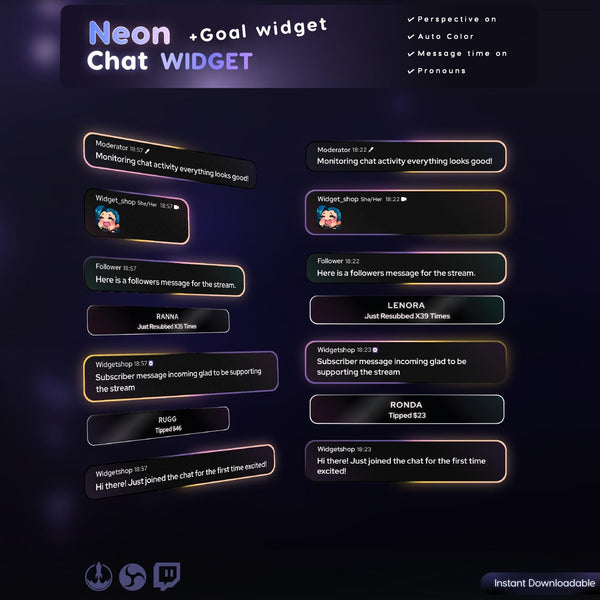 Saber Neon Chat Widget | Twitch StreamElements Animated Glow Chat Goal Overlay | VTuber Streamer OBS