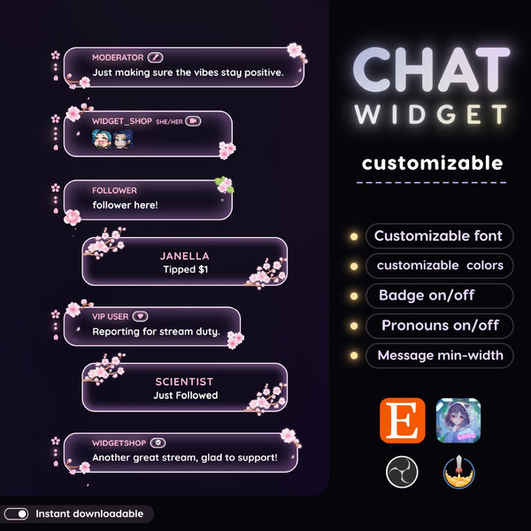 Sakura Glassy Chat Widget | Twitch StreamElements OBS Floral Animated Overlay | VTuber Streamer Gift