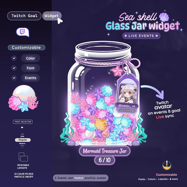 Seashell Falling Bubble Glass Jar Goal Widget for Twitch & StreamElements | Sub Follower Donation Bits Goal + Live Alert Tag Avatar