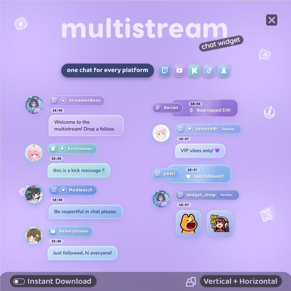 Multistream Chat Widget for Twitch YouTube Kick TikTok ⟢ Blueberry Overlay • StreamElements OBS • Alerts Avatars 3D Chat