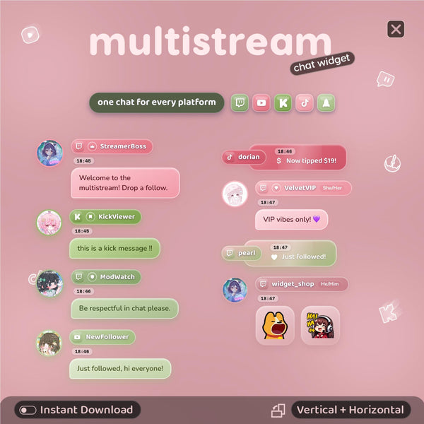 Multistream Chat Widget for Twitch YouTube Kick TikTok ⟢ Garden-Pink Overlay • StreamElements OBS • Alerts Avatars 3D Chat