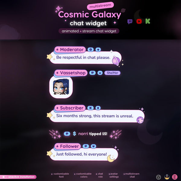 Pastel Pink Cosmic Galaxy Multistream Chat Widget | | Twitch YouTube Kick Animated Widget | Kawaii Streamer and Vtubers
