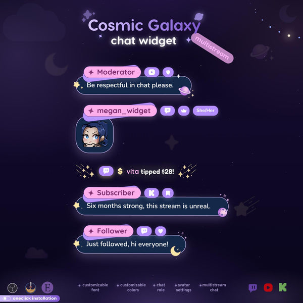 Cosmic Galaxy Multistream Chat Widget, Animated Twitch YouTube Kick Overlay for OBS