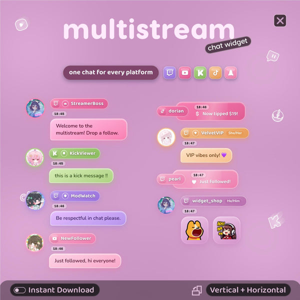 Multistream Chat Widget for Twitch YouTube Kick TikTok ⟢ Rosa Chick Overlay • StreamElements OBS • Alerts Avatars 3D Chat