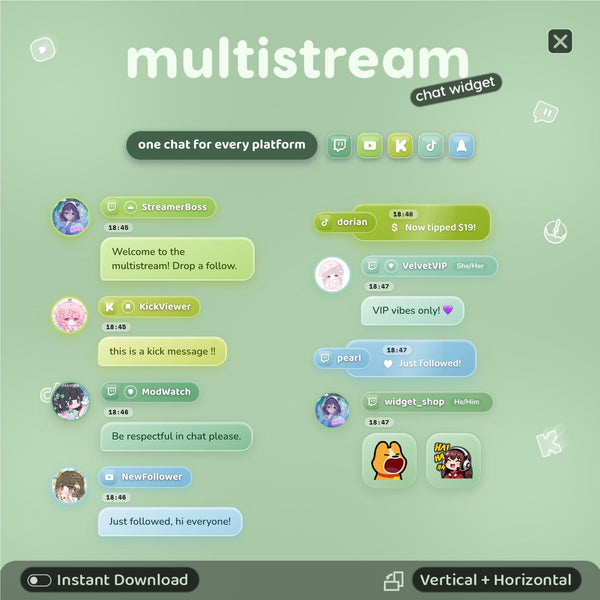 Multistream Chat Widget for Twitch YouTube Kick TikTok ⟢ Matcha Clover Overlay • StreamElements OBS • Alerts Avatars 3D Chat