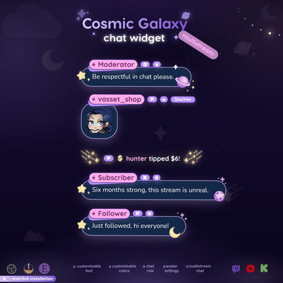 Cosmic Galaxy Multistream Chat Widget, Animated Twitch YouTube Kick Overlay for OBS
