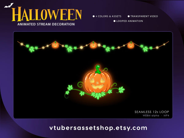 Halloween Stream Decorations - Animated Pumpkin Garland & Centerpiece - Twitch Overlay - VTuber Stream Decor - WEBM Files