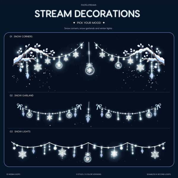 Winter Animated Twitch Stream Decorations, Snow Garland & Snowflake Lights for OBS, 15 Seamless WebM Overlay Loops (Digital Download)