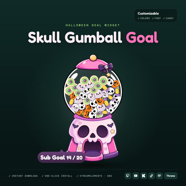 Skull Gumball Machine Goal Widget for Twitch YouTube Kick TikTok, Halloween Sub Goal with Candy Physics, StreamElements OBS