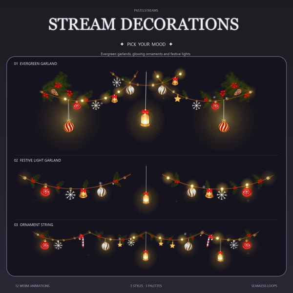 Christmas Stream Decorations Bundle, Animated OBS Overlay, 12 WebM Loops, Twitch YouTube Holiday Lights, Transparent Garland