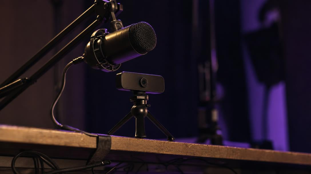 Desk mic arm angled over a small webcam, setup for a just chatting overlay stream.