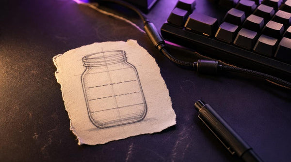 Pencil sketch of a liquid fill goal widget jar shape on paper beside a mechanical keyboard and pen.