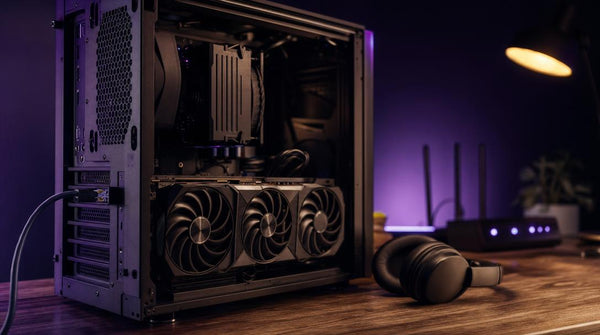 Open streaming PC tower with graphics card and Ethernet cable, representing OBS settings and hardware tuning.