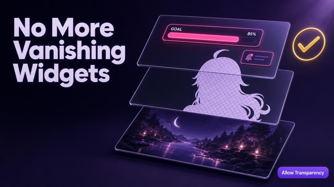 PNGTuber overlay layer stack showing avatar rendering cleanly beneath a glowing goal bar widget