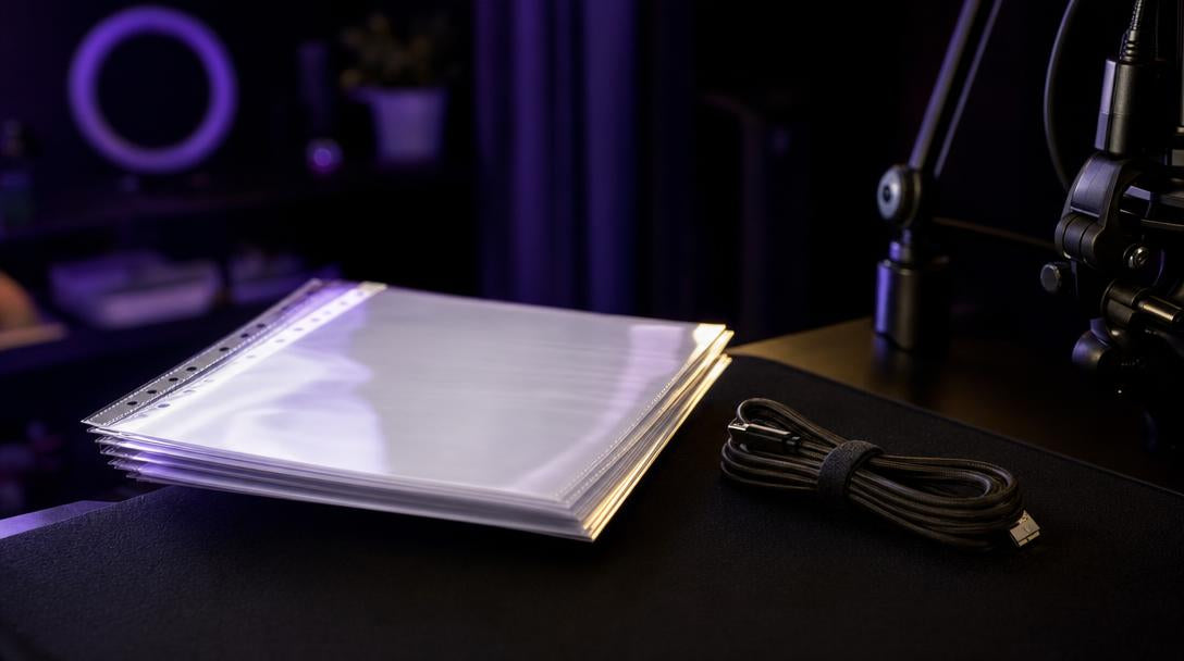 Stack of translucent document sleeves beside a coiled USB cable, representing a stream overlay license.