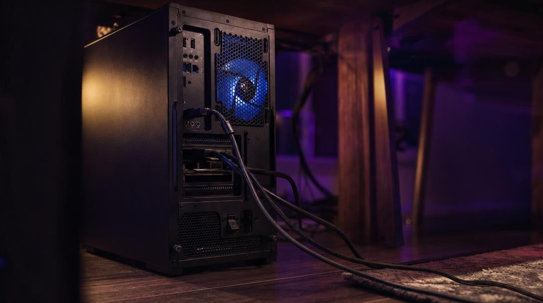 Matte black PC tower with glowing blue fan and cables, representing a twitch goal widget connection