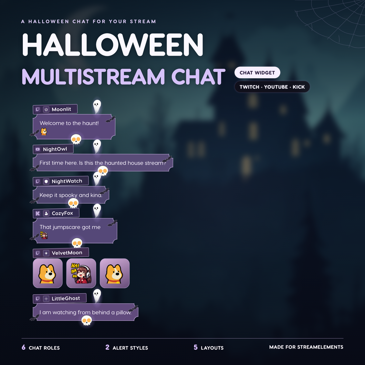 Halloween Chat Widget for Twitch YouTube Kick ⟢ Spooky Ghost Bat Animated Chat Overlay ⟢ StreamElements OBS ⟢ Cute Purple Stream Decor