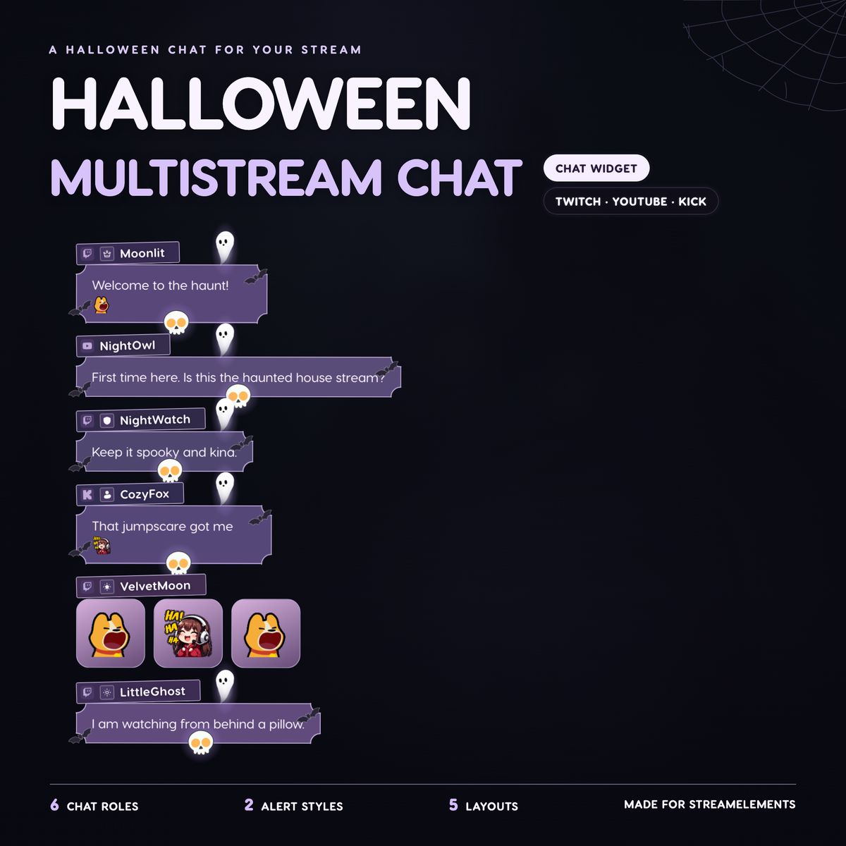 Halloween Chat Widget for Twitch YouTube Kick ⟢ Spooky Ghost Bat Animated Chat Overlay ⟢ StreamElements OBS ⟢ Cute Purple Stream Decor