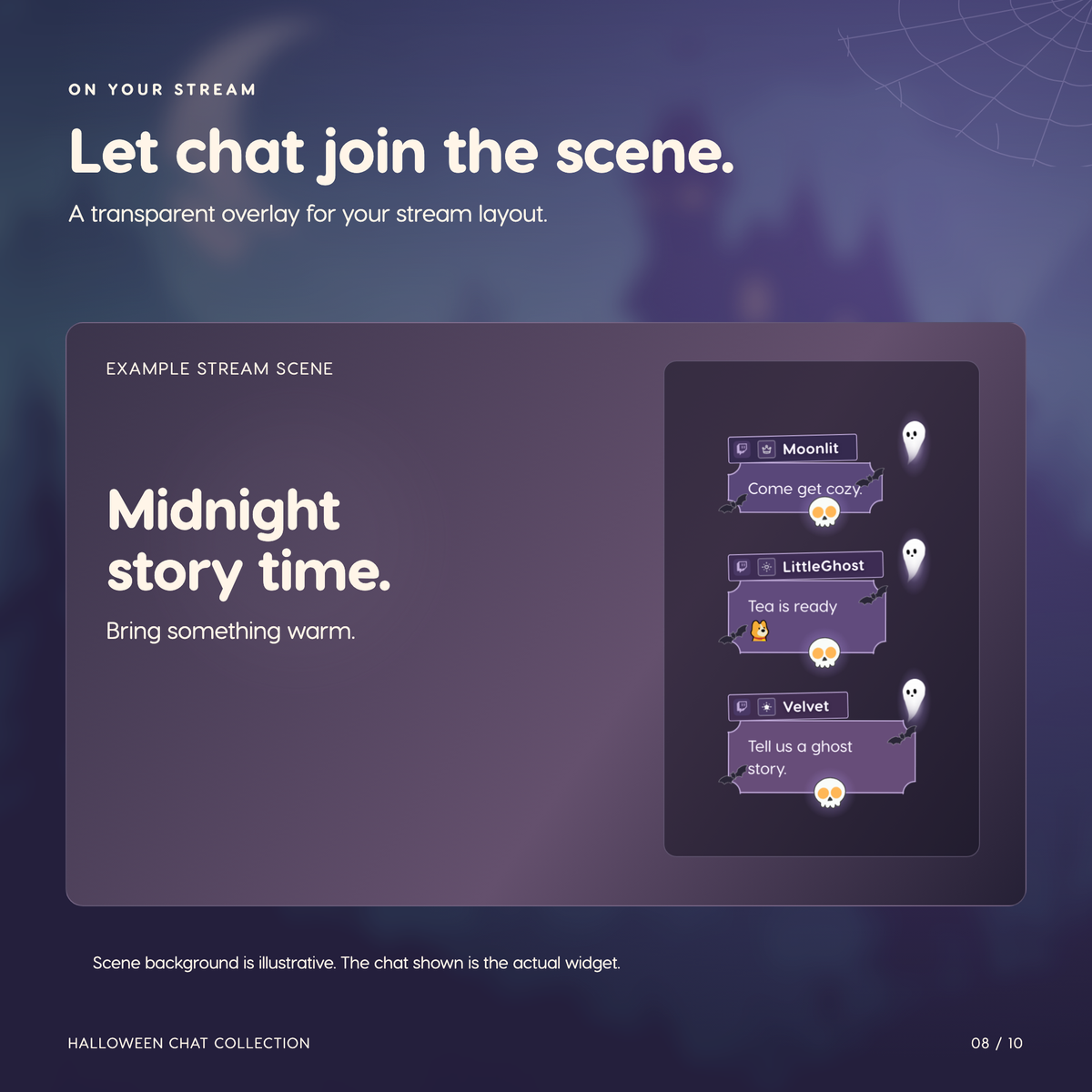 Halloween Chat Widget for Twitch YouTube Kick ⟢ Spooky Ghost Bat Animated Chat Overlay ⟢ StreamElements OBS ⟢ Cute Purple Stream Decor