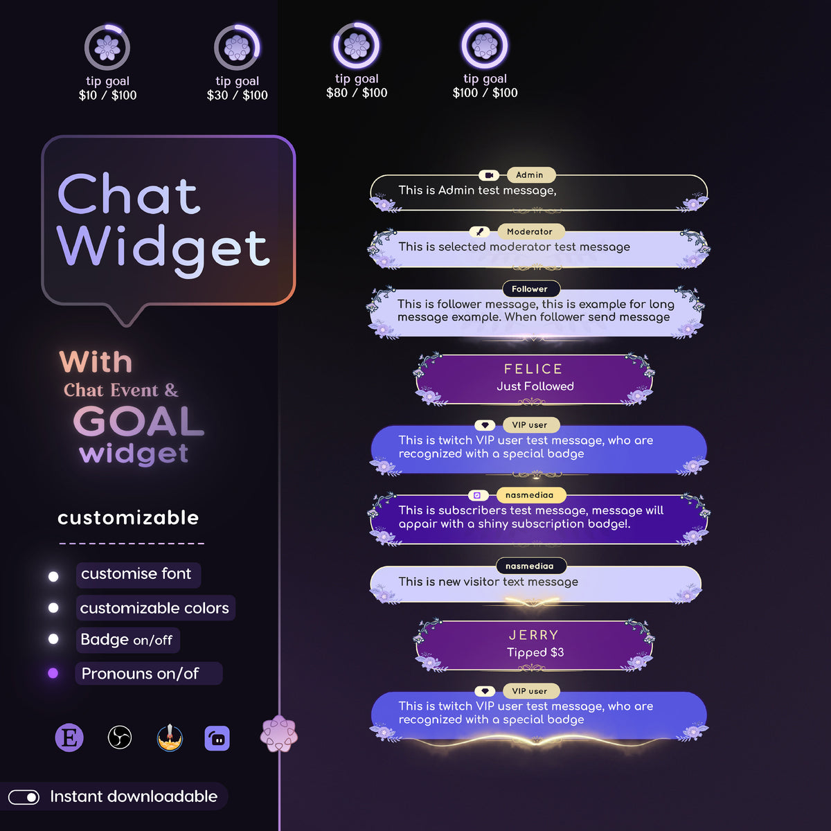 Floral Purple Chat Widget | Twitch StreamElements Animated Overlay (Digital Download)