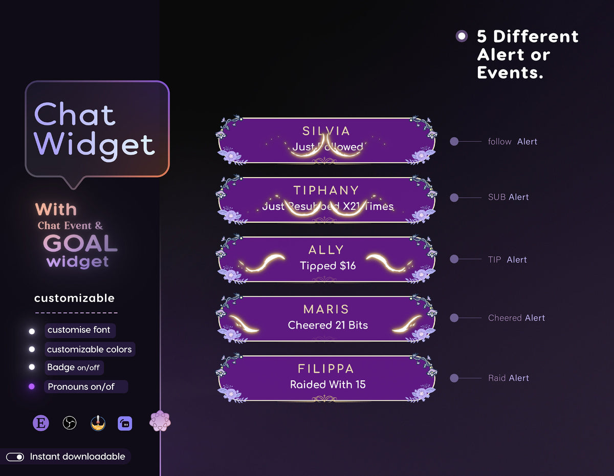 Floral Purple Chat Widget | Twitch StreamElements Animated Overlay (Digital Download)