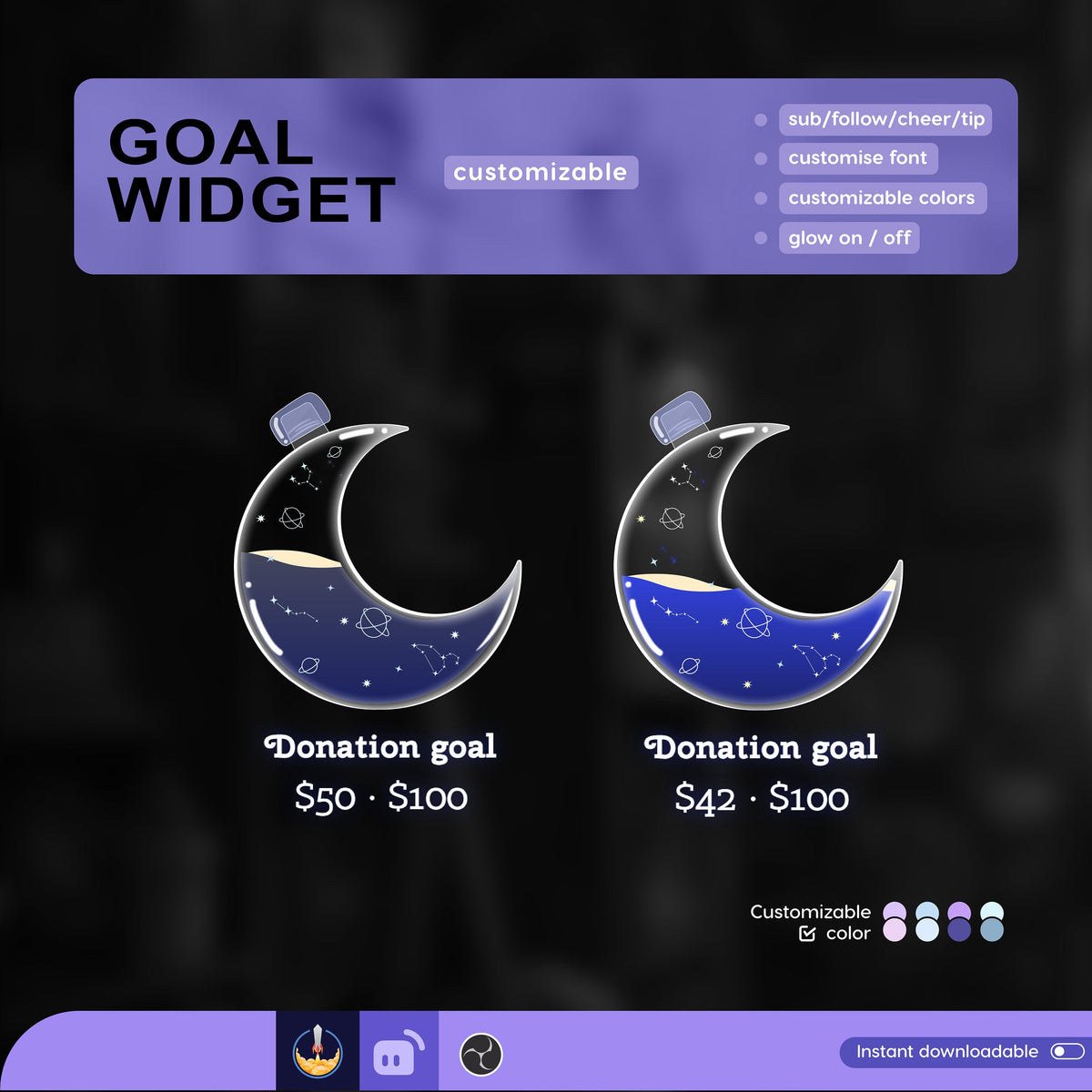 Starry Moon Stream Goal Widget: Customizable Twitch Overlay