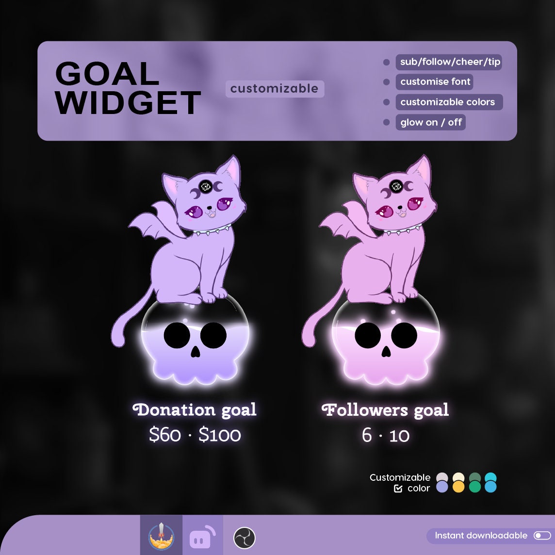 Halloween Goth Cat Skull Goal Widget: Custom Twitch Stream Overlay (Digital Download)
