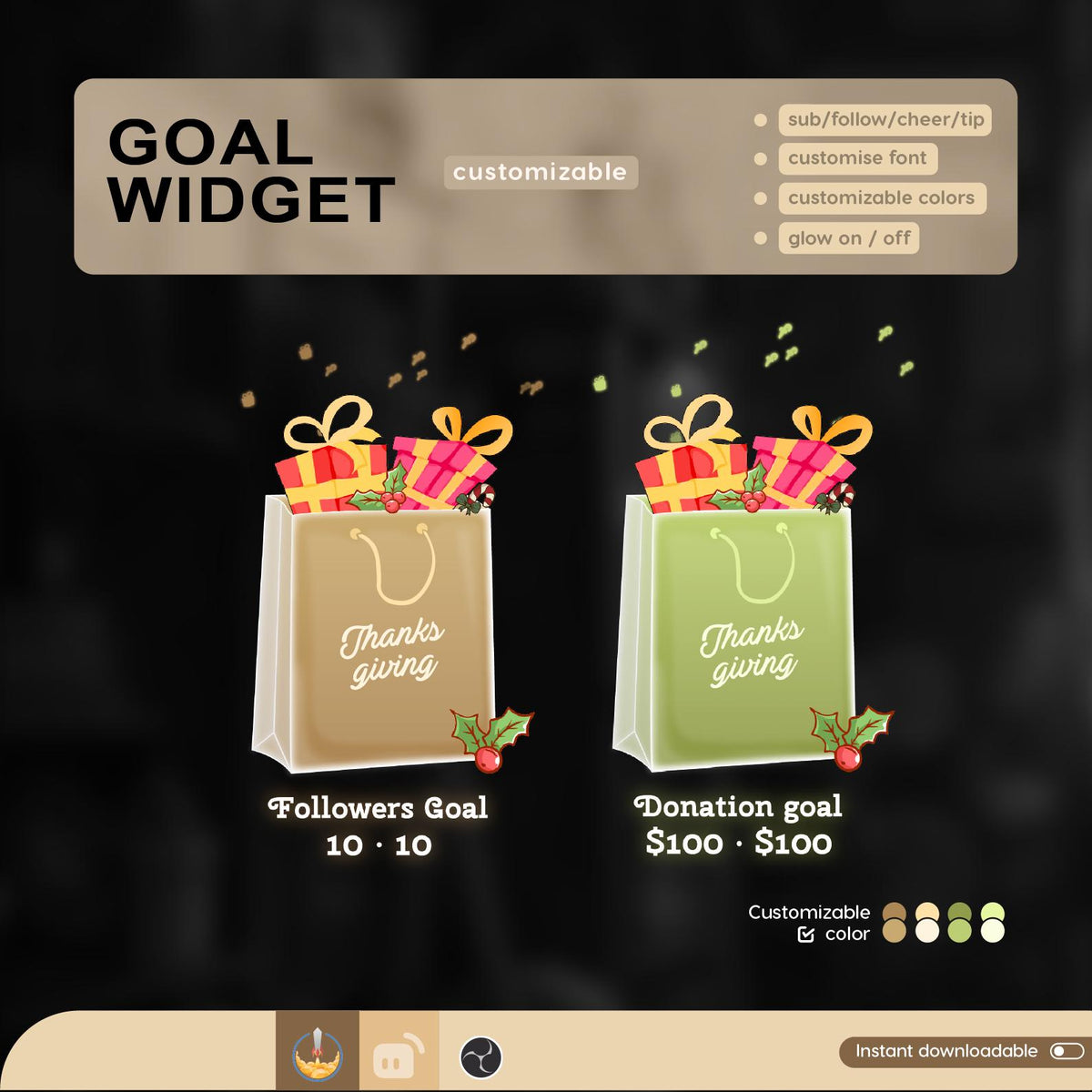 Thanksgiving Tote Bag Goal Widget, Customizable Stream Overlay (Digital Download) | Twitch StreamElements TikTok Studio
