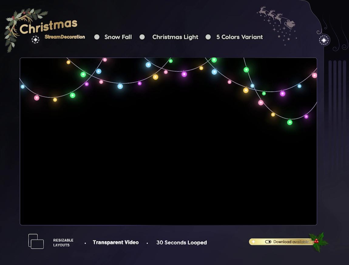 Animated Christmas Lights & Snow Stream Overlay (WebM Digital Download)