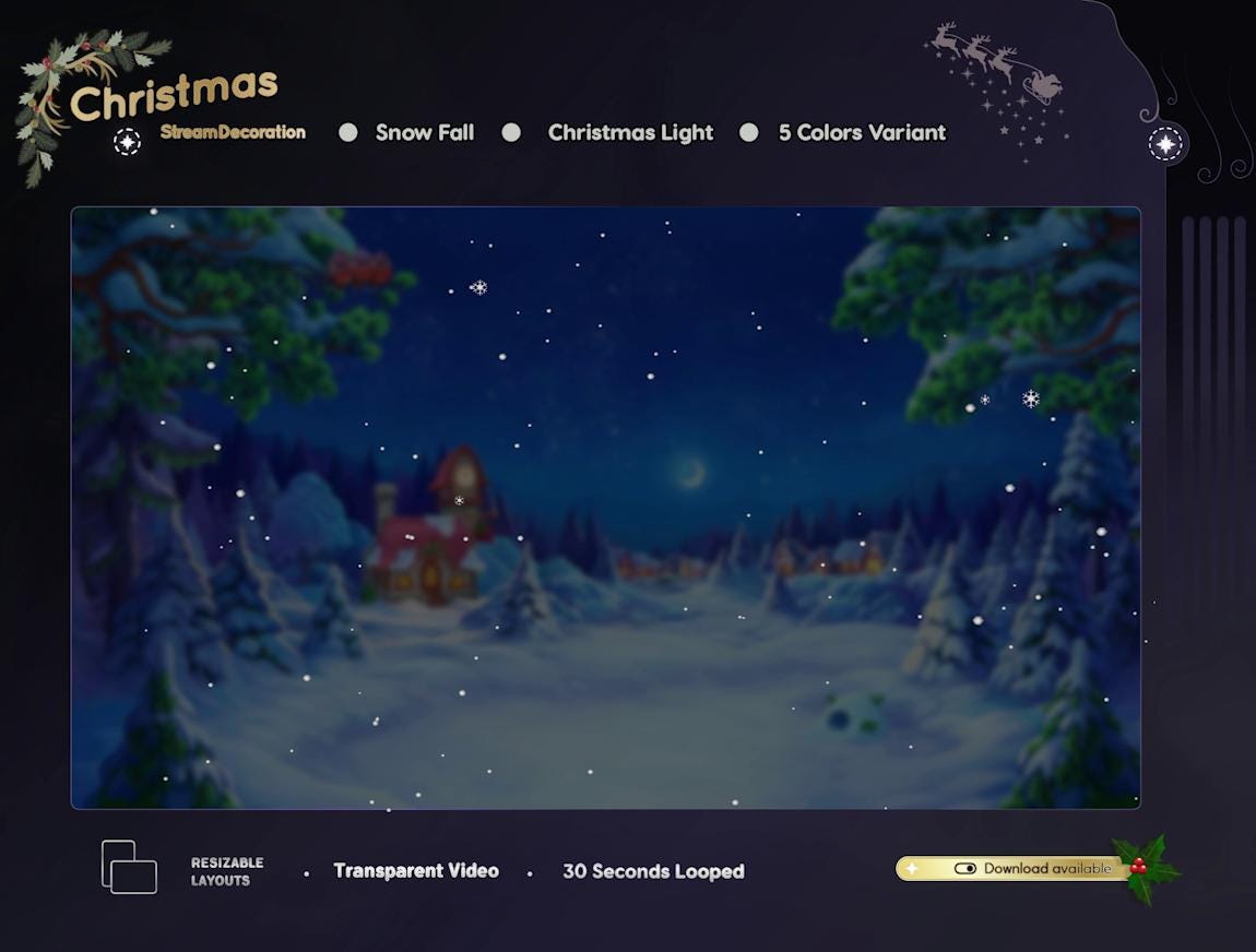 Animated Christmas Lights & Snow Stream Overlay (WebM Digital Download)