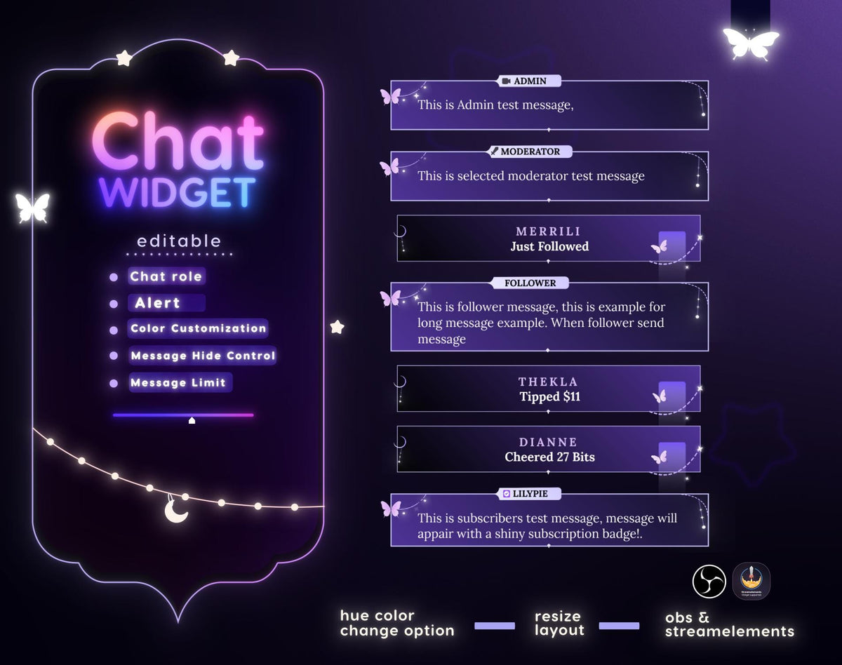 Celestial Starry Night Twitch Chat Widget - Purple Stream Overlay (StreamElements) (Digital Download)