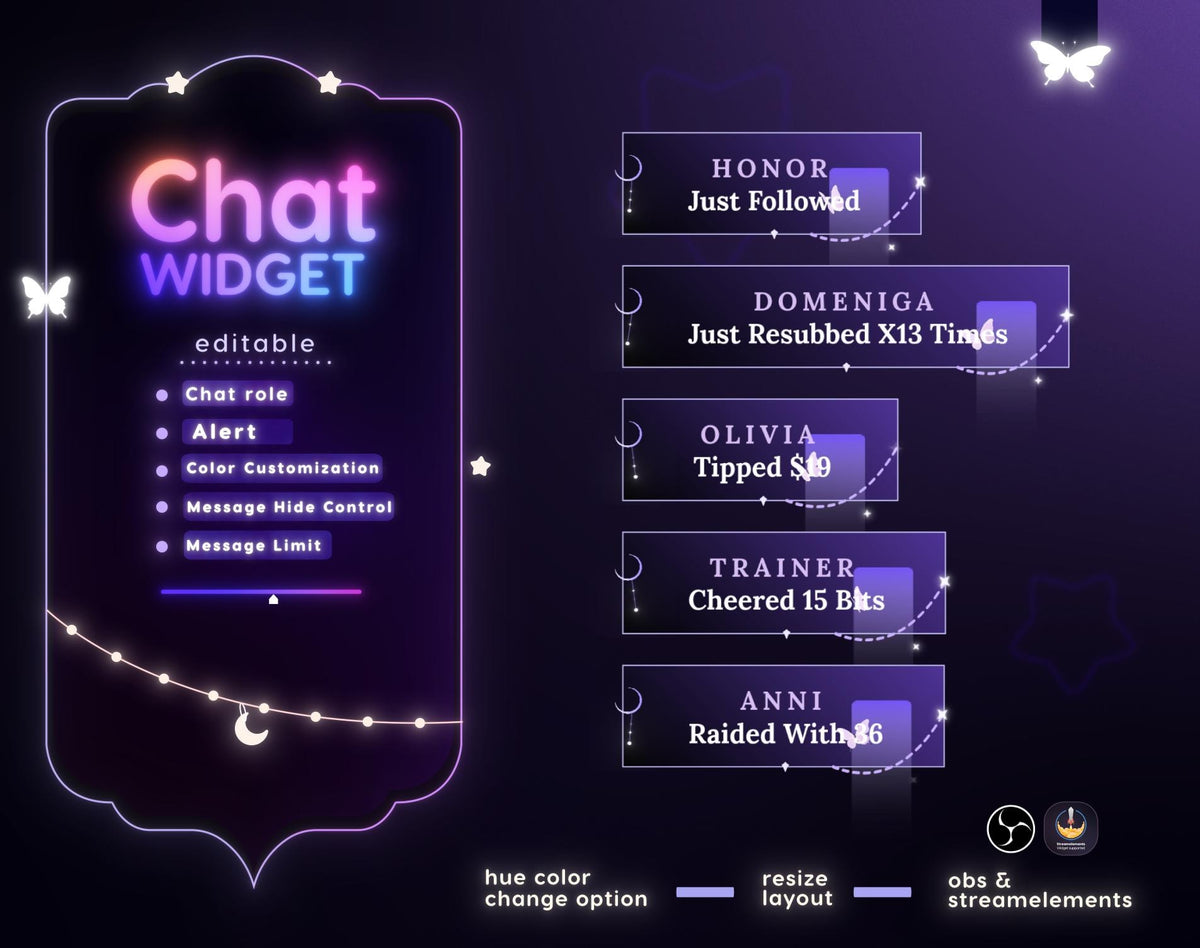 Celestial Starry Night Twitch Chat Widget - Purple Stream Overlay (StreamElements) (Digital Download)
