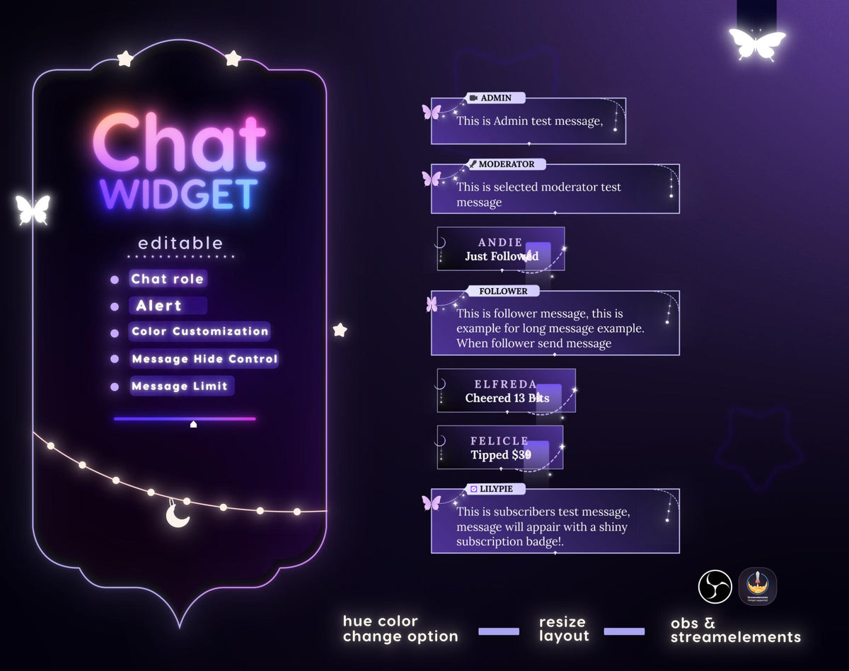 Celestial Starry Night Twitch Chat Widget - Purple Stream Overlay (StreamElements) (Digital Download)