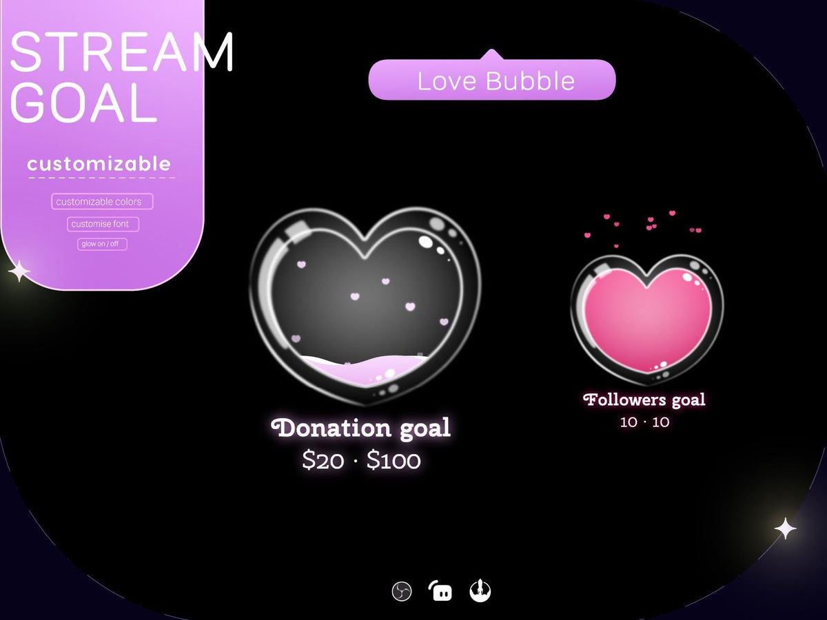 Glassy Heart Goal Stream Widget: Bubble Love for Twitch Streamlabs Streamelements