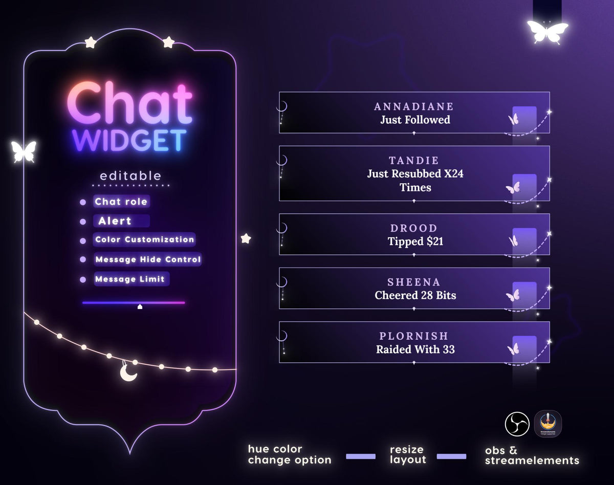 Celestial Starry Night Twitch Chat Widget - Purple Stream Overlay (StreamElements) (Digital Download)
