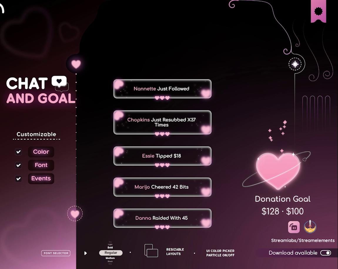 Valentine Stream Chat & Goal Widget: Customizable Glass Design (StreamElements)