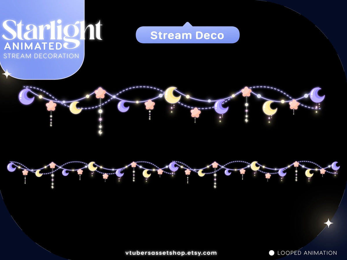 Christmas Animated Moon & Star String Lights Decoration : Kawaii Twitch Overlay (Digital Download)
