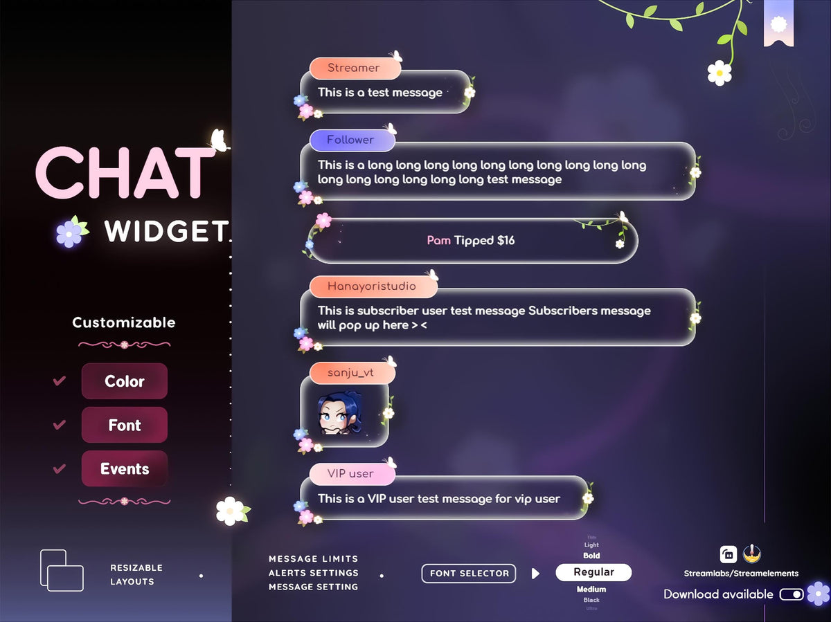 Floral Stream Chat Widget: Transparent Glass, Customizable (Streamelements)
