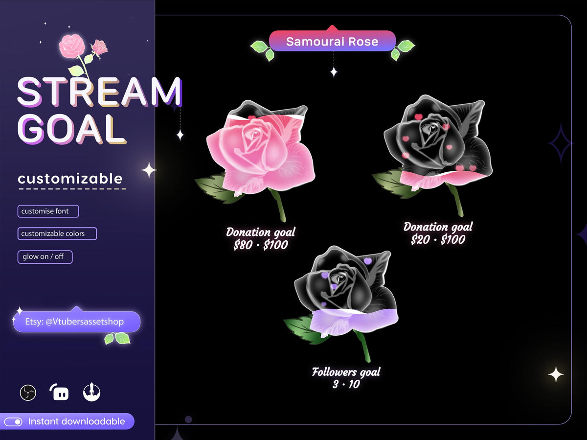 Samourai Rose Stream Goal Widget: Glassy Flower for Twitch OBS