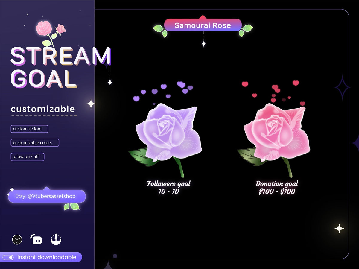 Samourai Rose Stream Goal Widget: Glassy Flower for Twitch OBS